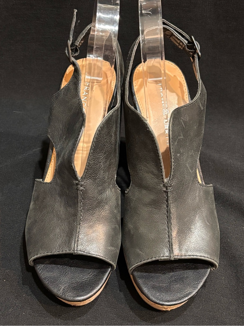 Franco Sarto Black Leather Wedge Sandals Peep Toe Cork Platform Heel Size 7 - Picture 2 of 11